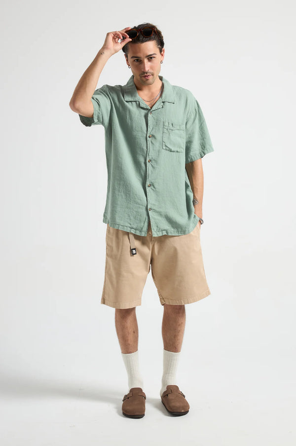 Trendsplant Cap Negret Camp Leinen Kurzarm Hemd Herren Olive Shade Grün