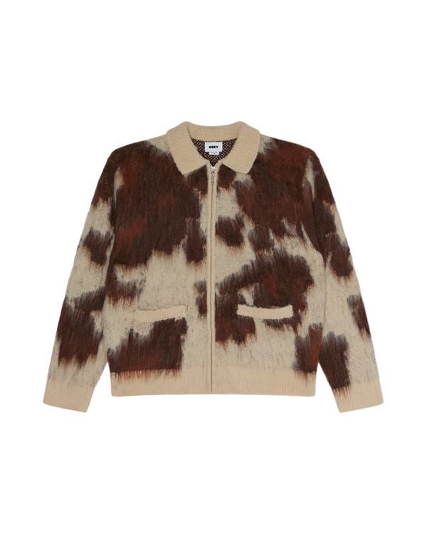 OBEY Cow Pattern Zip Sweater Cow Multi Herren Strickjacke creme braun