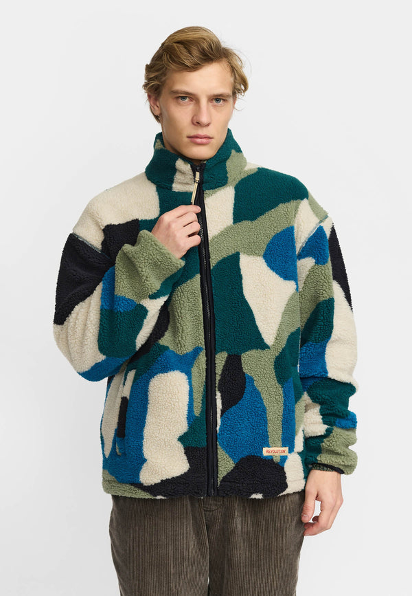 Revolution 7026 Printed Teddy Jacket Herren grün gemustert – Ansicht 3