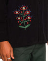 OLOW Decré Take Off Cord-Overshirt in Schwarz – Detailansicht der Blumenstickerei
