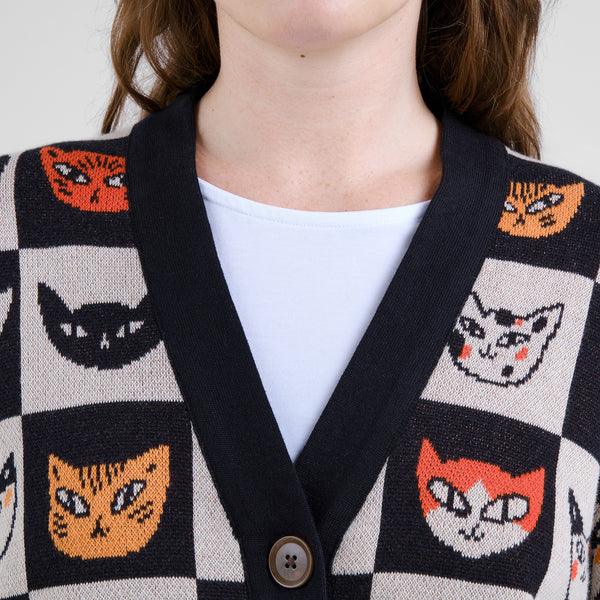 Dedicated Kanan Cat Bingo Cardigan Strickjacke Bio Baumwolle weiß schwarz