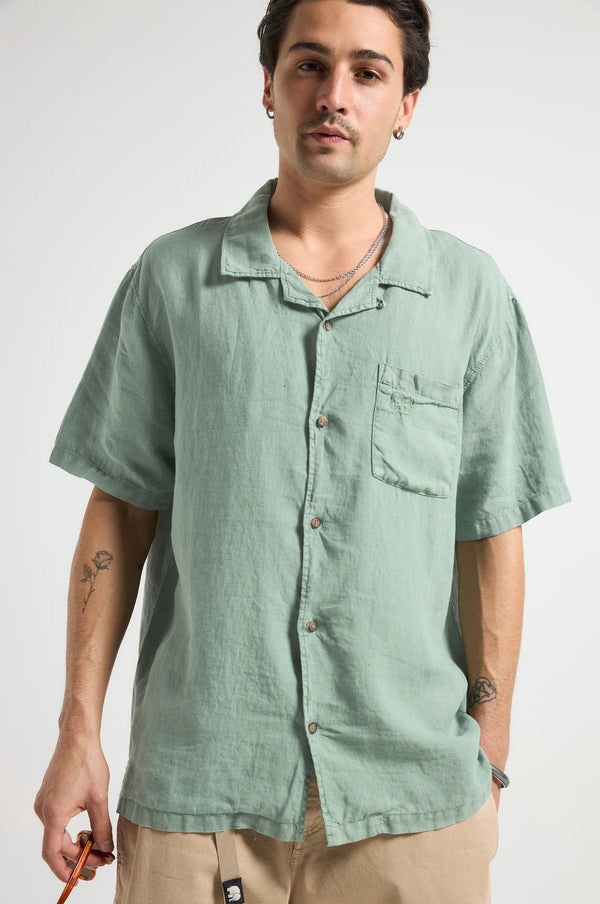 Trendsplant Cap Negret Camp Leinen Kurzarm Hemd Herren Olive Shade Grün