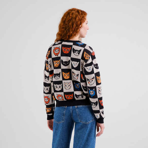 Dedicated Arendal Cat Bingo Multi Color Damen Strickpullover schwarz